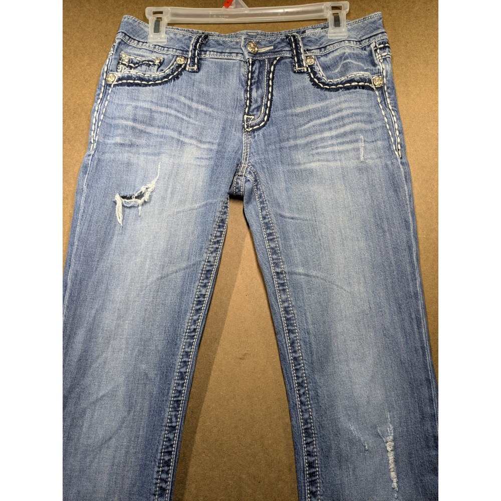 Miss Me Bootcut Distressed Light Wash Jeans Rhinestone Flap Pocket JP55014-13 30 - Picture 2 of 9
